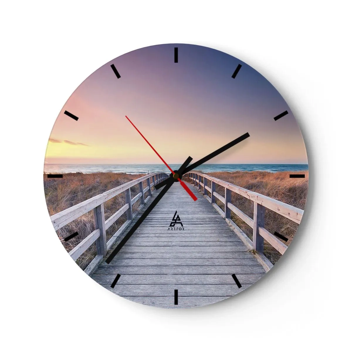 Väggklocka - Klocka på glas - Trästig som leder till havet vid solnedgången - 30x30cm - Kvällssken i Östersjön - Modern väggdekoration för vardagsrum, kök och sovrum ARTTOR