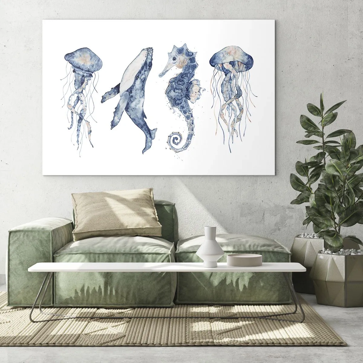 Glastavla - Bild på glas - Havsdjur i en delikat akvarellstil - 70x50cm - Havets under - Modern väggdekoration för vardagsrum och sovrum ARTTOR