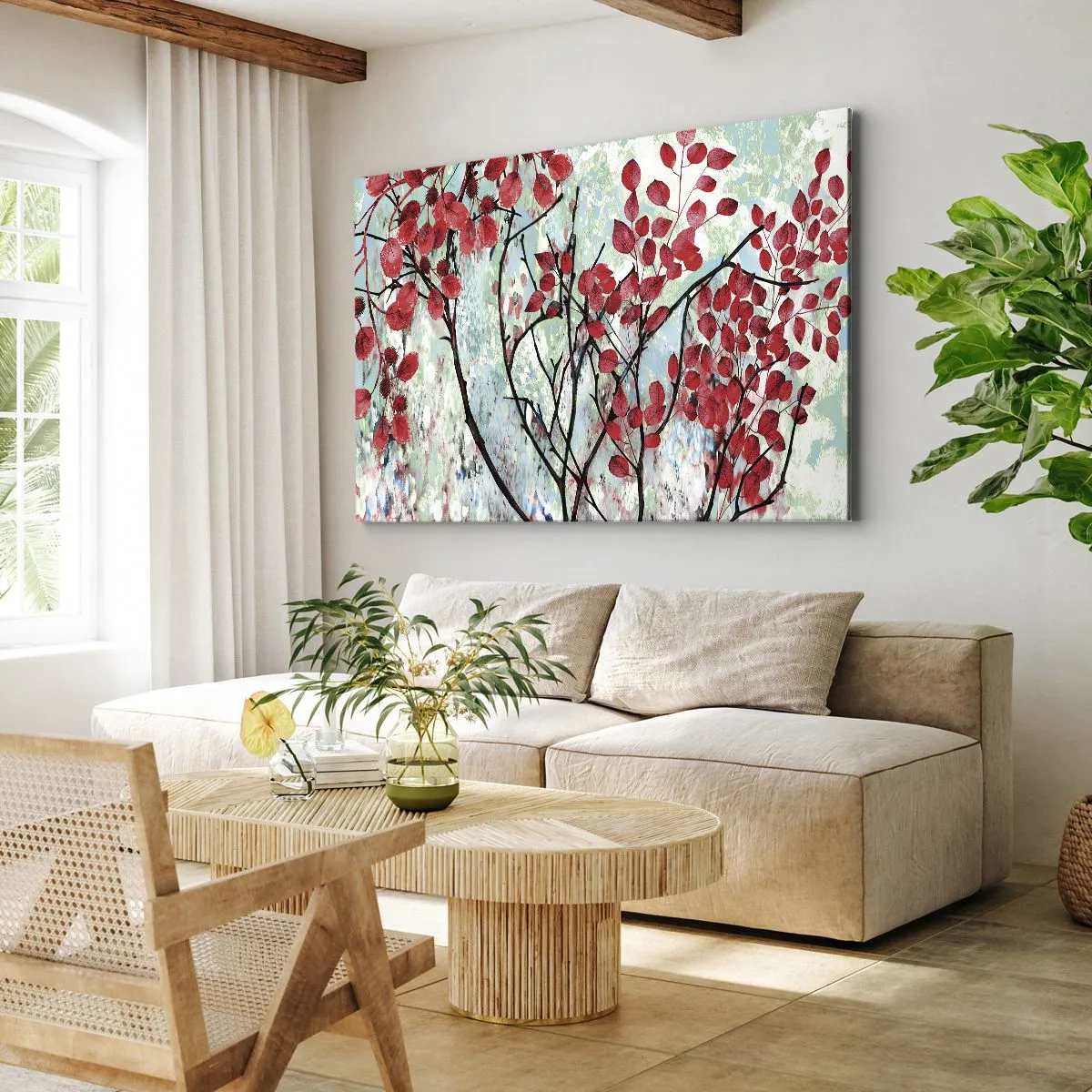 Canvastavla - Bild på duk - Röda löv mot en ljus himmel med abstrakta mönster - 70x50cm - Träd i scharlakansröd - Modern väggdekoration för vardagsrum och sovrum ARTTOR