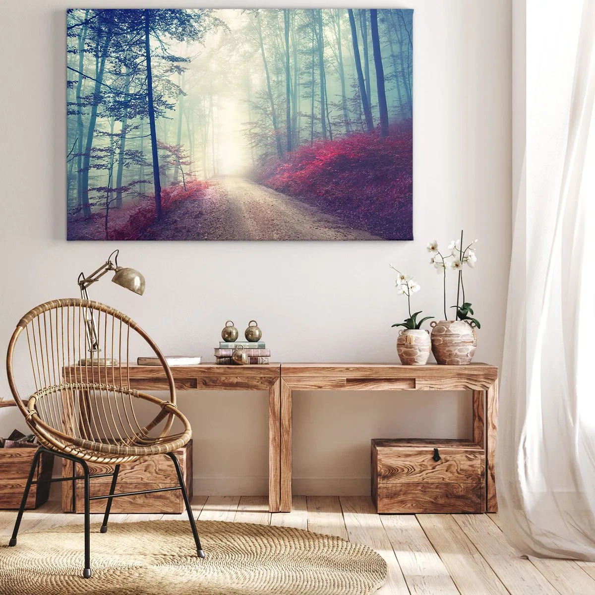 Canvastavla - Bild på duk - En magisk skogsstig omgiven av träd och dimma - 70x50cm - Det är bra att gå upp tidigt - Modern väggdekoration för vardagsrum och sovrum ARTTOR
