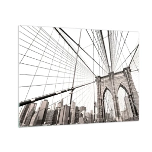 Glastavla - Bild på glas - En hängbro med ett stadspanorama i bakgrunden i sepia - 70x50cm - Domkyrkan i New York - Modern väggdekoration för vardagsrum och sovrum ARTTOR