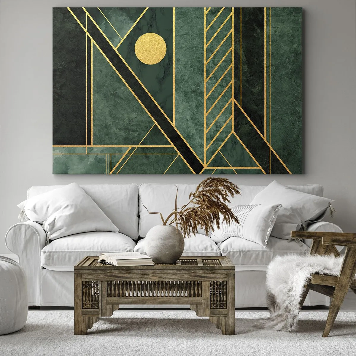 Canvastavla - Bild på duk - Grön och guld geometrisk design med ett elegant mönster - 70x50cm - Dynamik av guld och azurblå - Modern väggdekoration för vardagsrum och sovrum ARTTOR