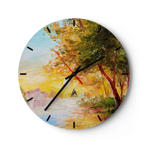 Väggklocka - Klocka på glas - Höstträd vid floden i det varma solljuset - 30x30cm - Et in Arcadia ego - Modern väggdekoration för vardagsrum, kök och sovrum ARTTOR