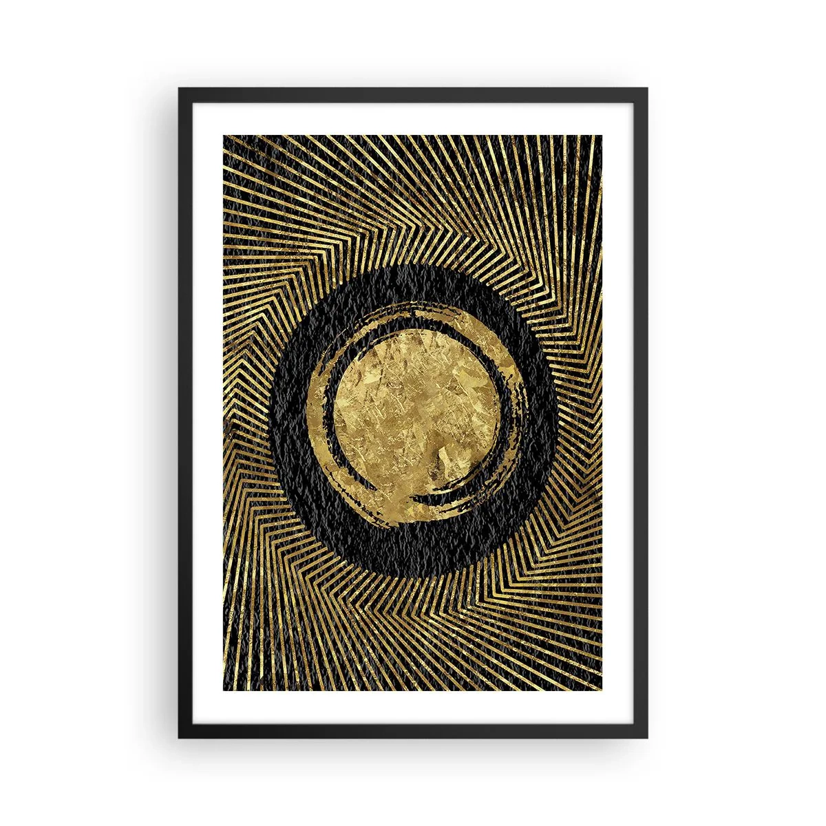 Affisch i svart ram - Gyllene geometrisk abstraktion på svart bakgrund - 50x70cm - Glamourös komposition - Modern väggdekoration för vardagsrum och sovrum ARTTOR