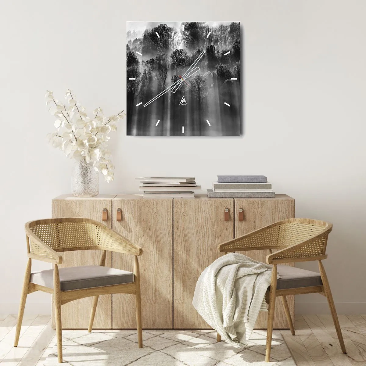 Väggklocka - Klocka på glas - I ljusstrålar - 40x40 cm