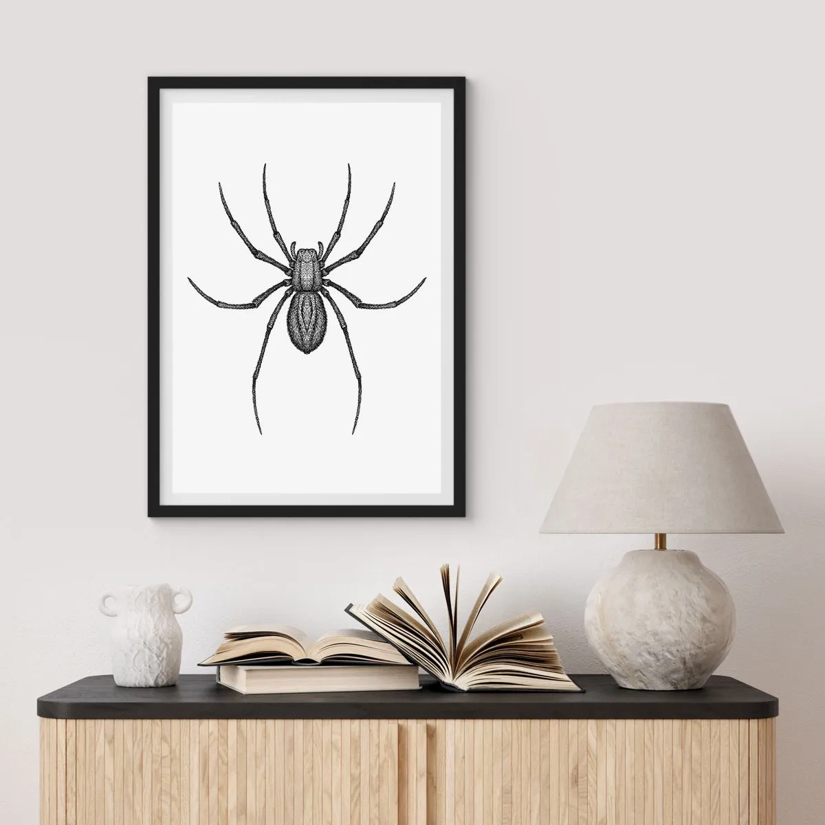 Affisch i svart ram - Detaljerad illustration av en spindel på vit bakgrund - 50x70cm - Oroväckande precision - Modern väggdekoration för vardagsrum och sovrum ARTTOR