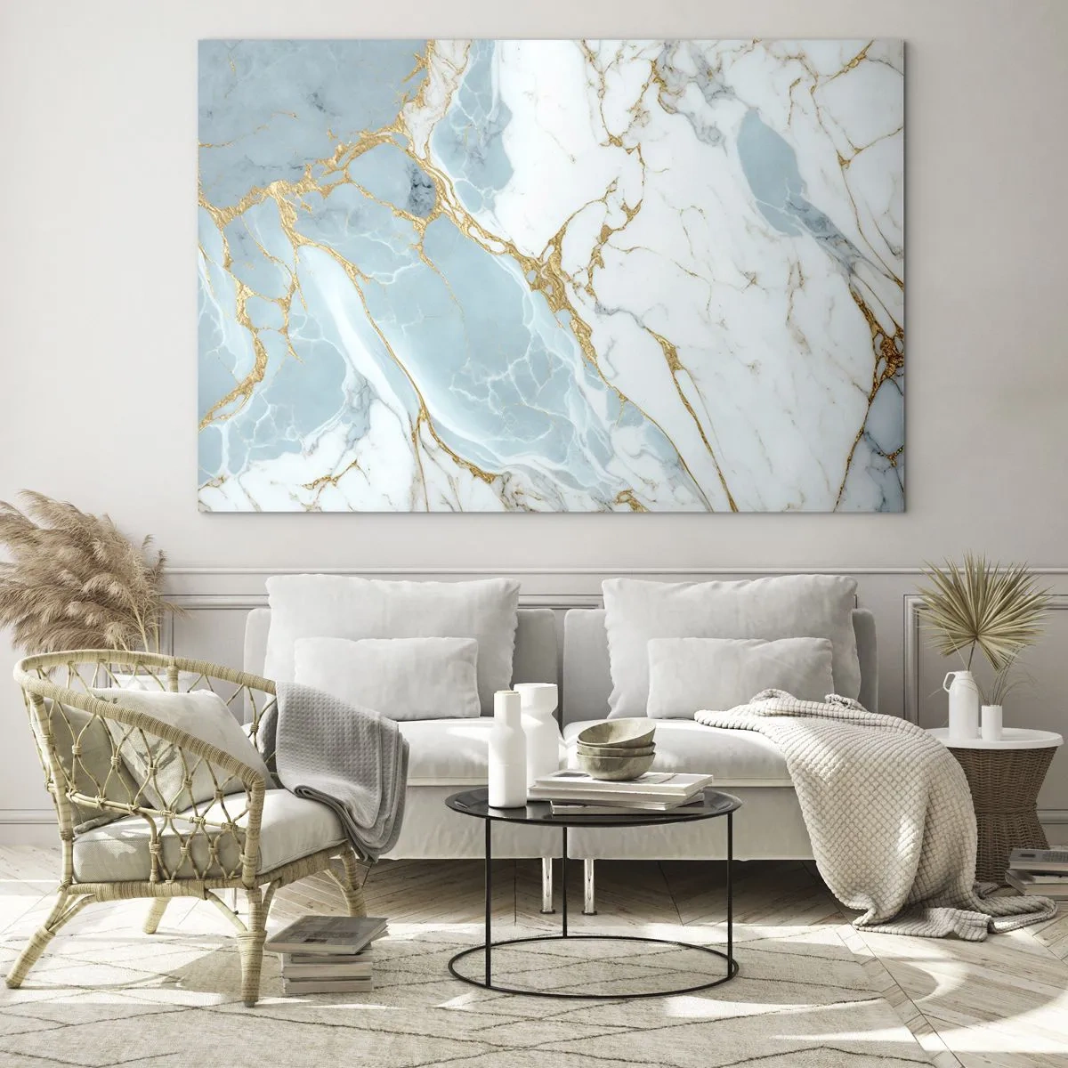 Glastavla - Bild på glas - Abstrakt marmor i nyanser av blått och guld - 70x50cm - Stenrikedom - Modern väggdekoration för vardagsrum och sovrum ARTTOR