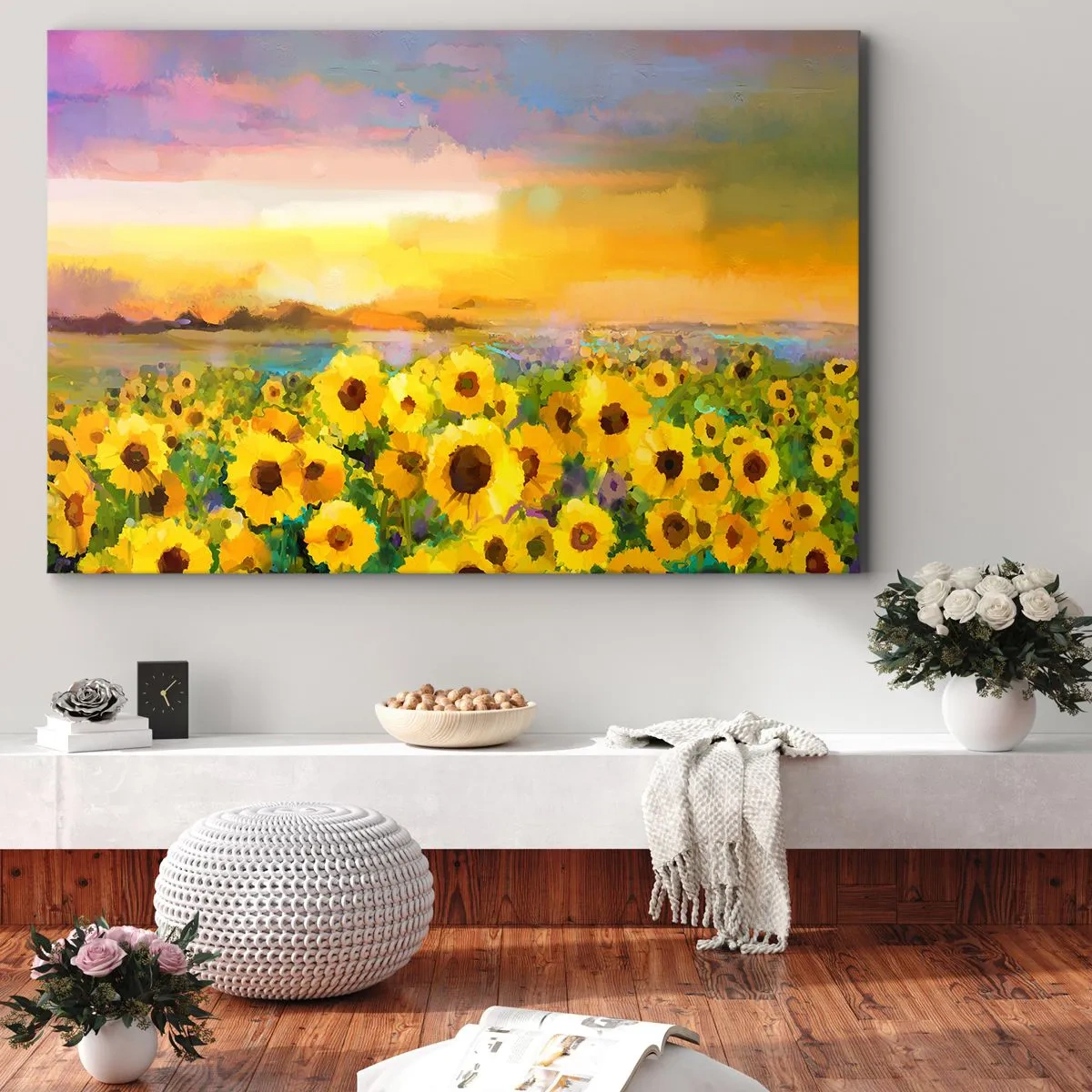 Canvastavla - Bild på duk - Ett fält av solrosor i ljuset av den nedgående solen - 70x50cm - Själva solen gick ner på jorden - Modern väggdekoration för vardagsrum och sovrum ARTTOR