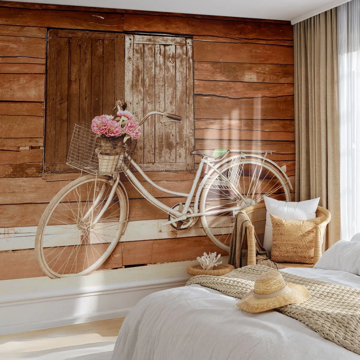 Självhäftande Fototapet Deluxe Sticker - Strax tillbaka - Cykel, Blommor, Trähus - 250x175 cm