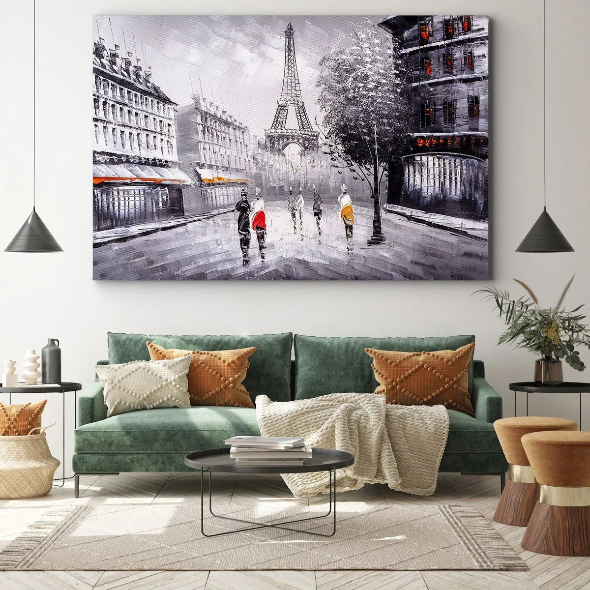 Canvastavla - Bild på duk - En vy över Eiffeltornet i en monokromatisk miljö med färgaccenter - 70x50cm - Promenad i Paris - Modern väggdekoration för vardagsrum och sovrum ARTTOR