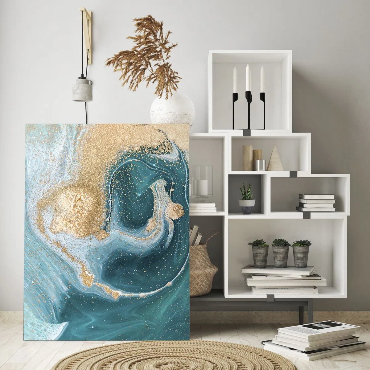 Glastavla - Bild på glas - Guld- och turkosvirvel - 50x70 cm