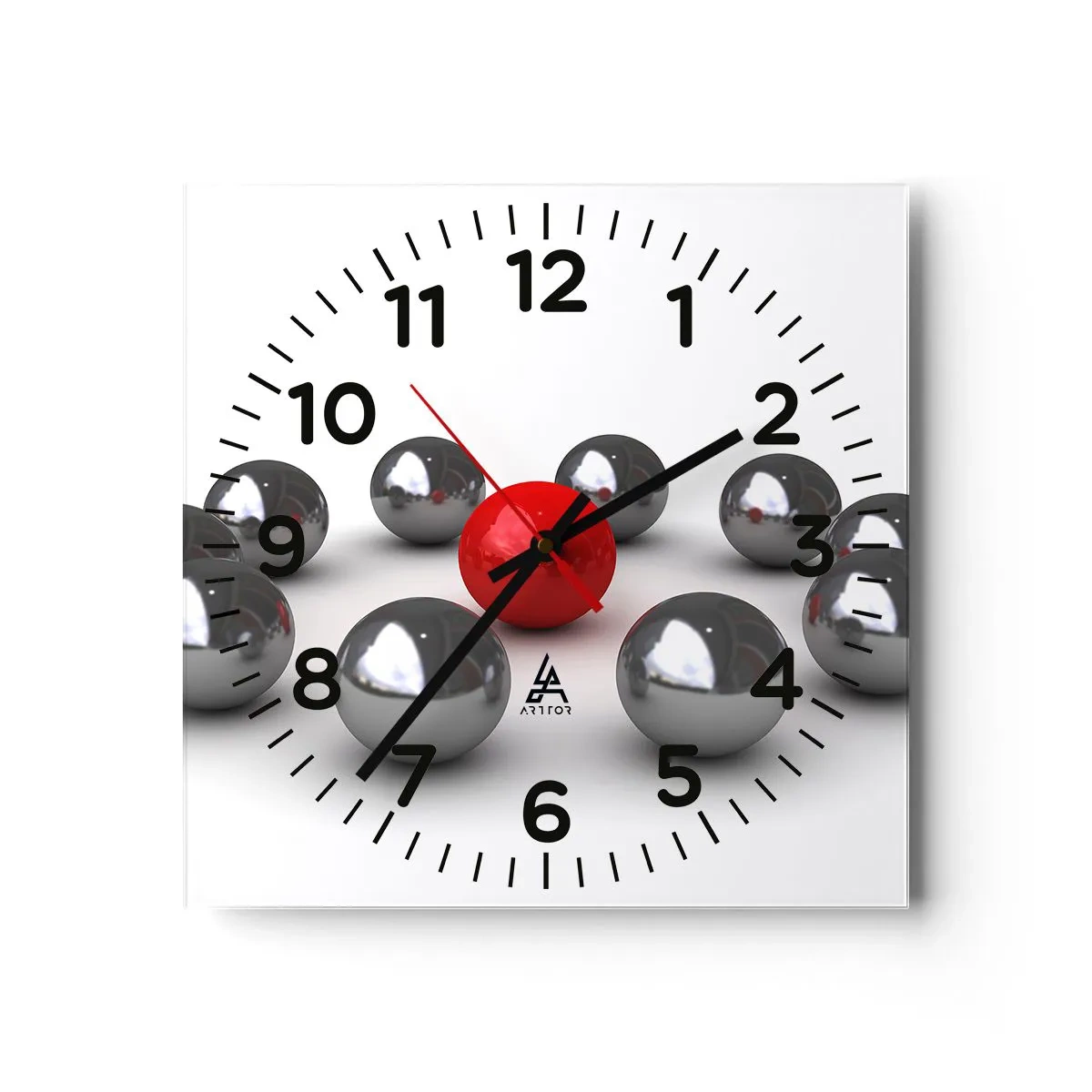 Väggklocka - Klocka på glas - Ring i silver och röd - 30x30 cm