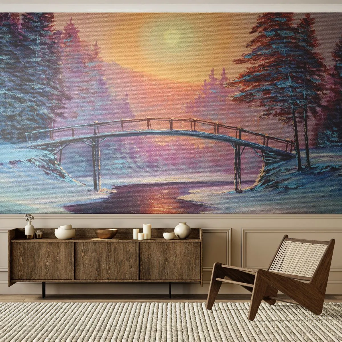 Fototapet Standard Eco - Vinterlandskap med en bro och den nedgående solen - 100x70cm - De fyra årstiderna - vinter - Modern väggdekoration för vardagsrum och sovrum ARTTOR