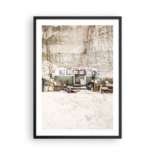 Affisch i svart ram - Retro camping i minibuss i ökenmiljö med rustika detaljer - 50x70cm - Dags att börja resan - Modern väggdekoration för vardagsrum och sovrum ARTTOR