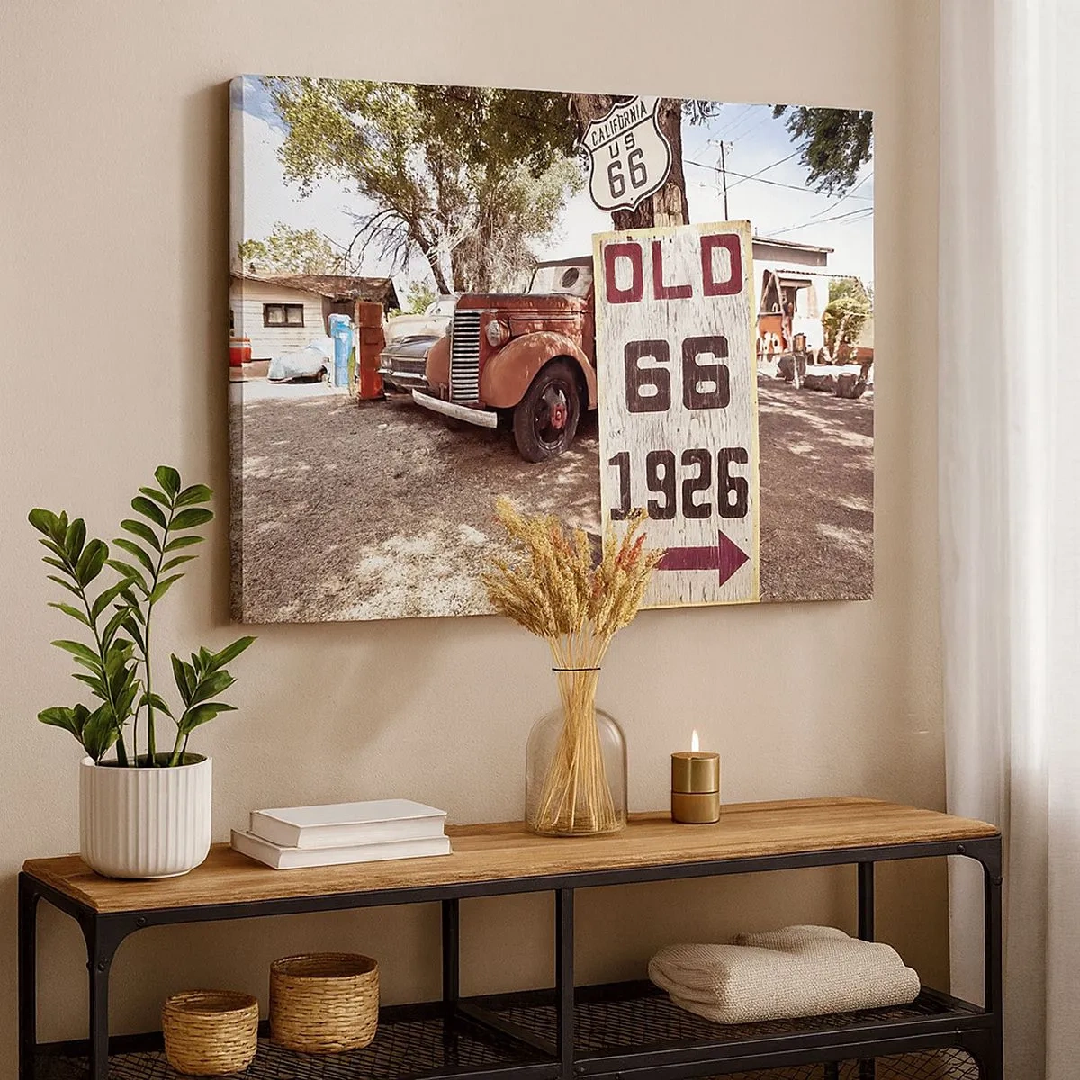 Canvastavla - Bild på duk - Retrobil och Route 66-skylt i rustik miljö - 70x50cm - Amerikanska provinsens legend - Modern väggdekoration för vardagsrum och sovrum ARTTOR