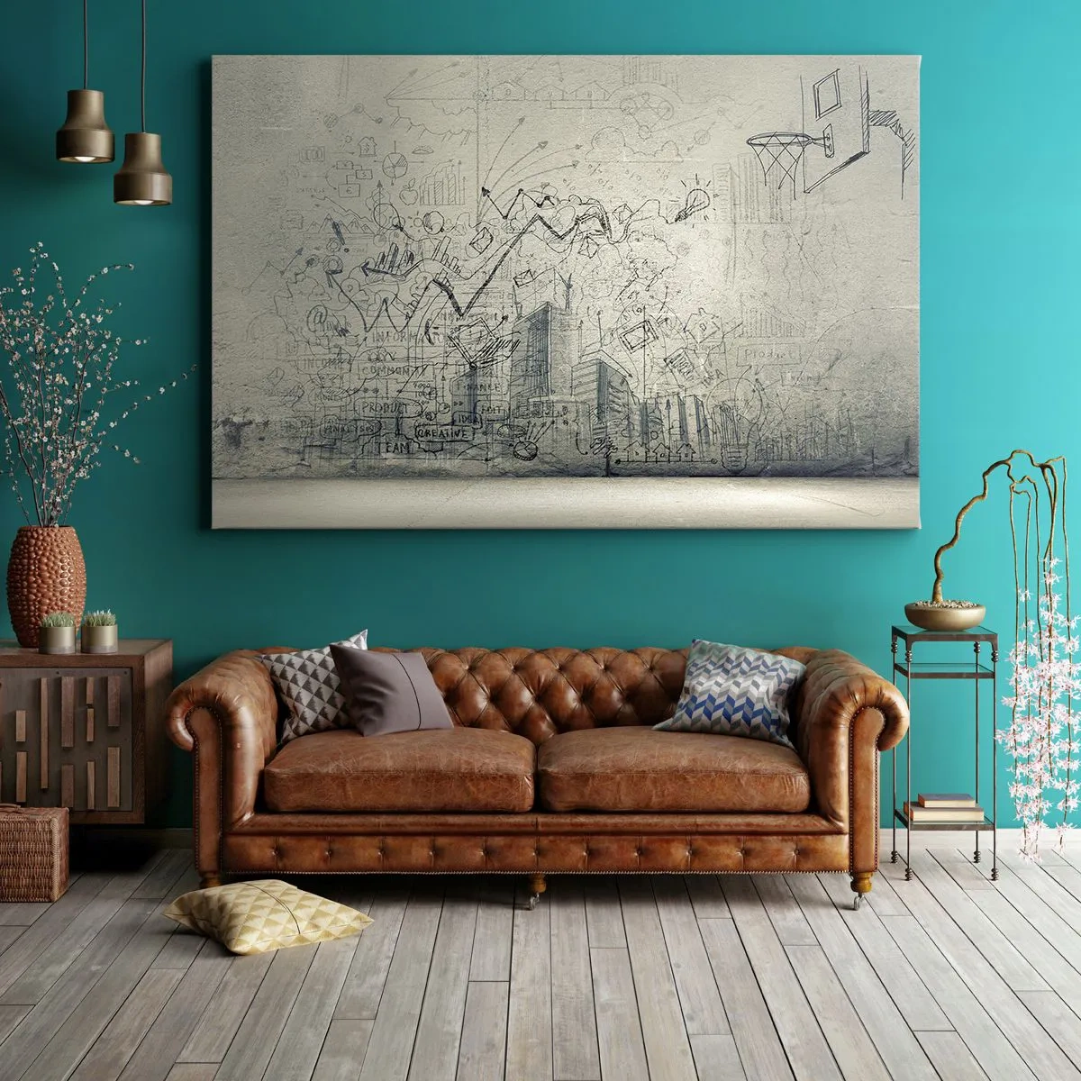 Canvastavla - Bild på duk - Ritningar och diagram mot bakgrund av en rå vägg - 70x50cm - Mitt underbara stadsliv - Modern väggdekoration för vardagsrum och sovrum ARTTOR