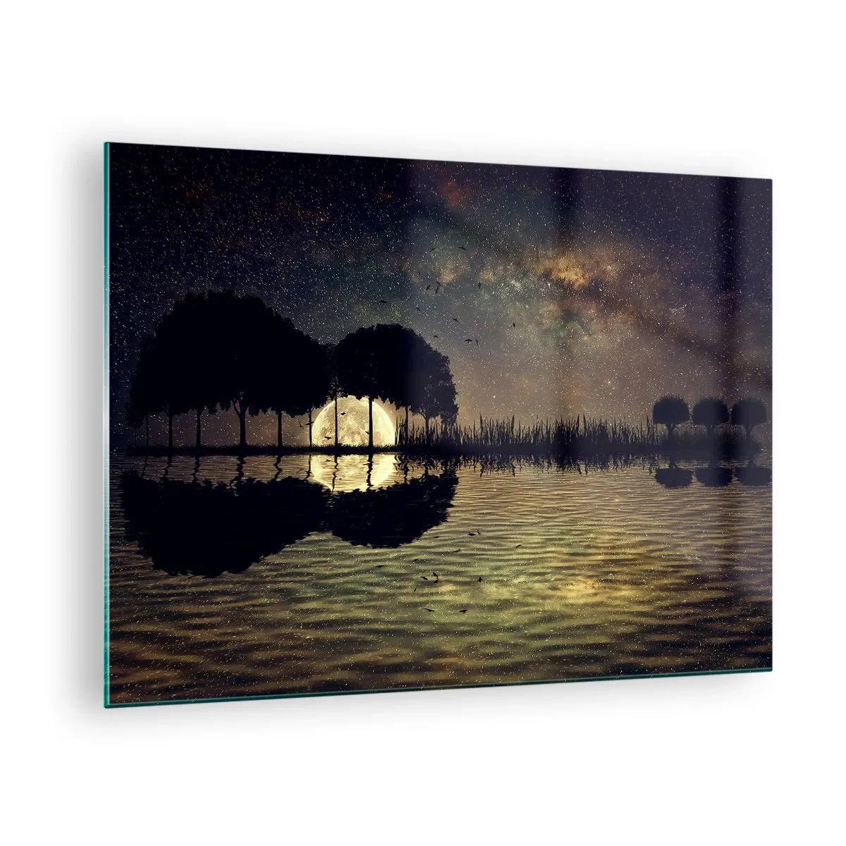 Glastavla - Bild på glas - Nattscen med en fullmåne som speglas i vattnet - 70x50cm - En natt i världens ände - Modern väggdekoration för vardagsrum och sovrum ARTTOR