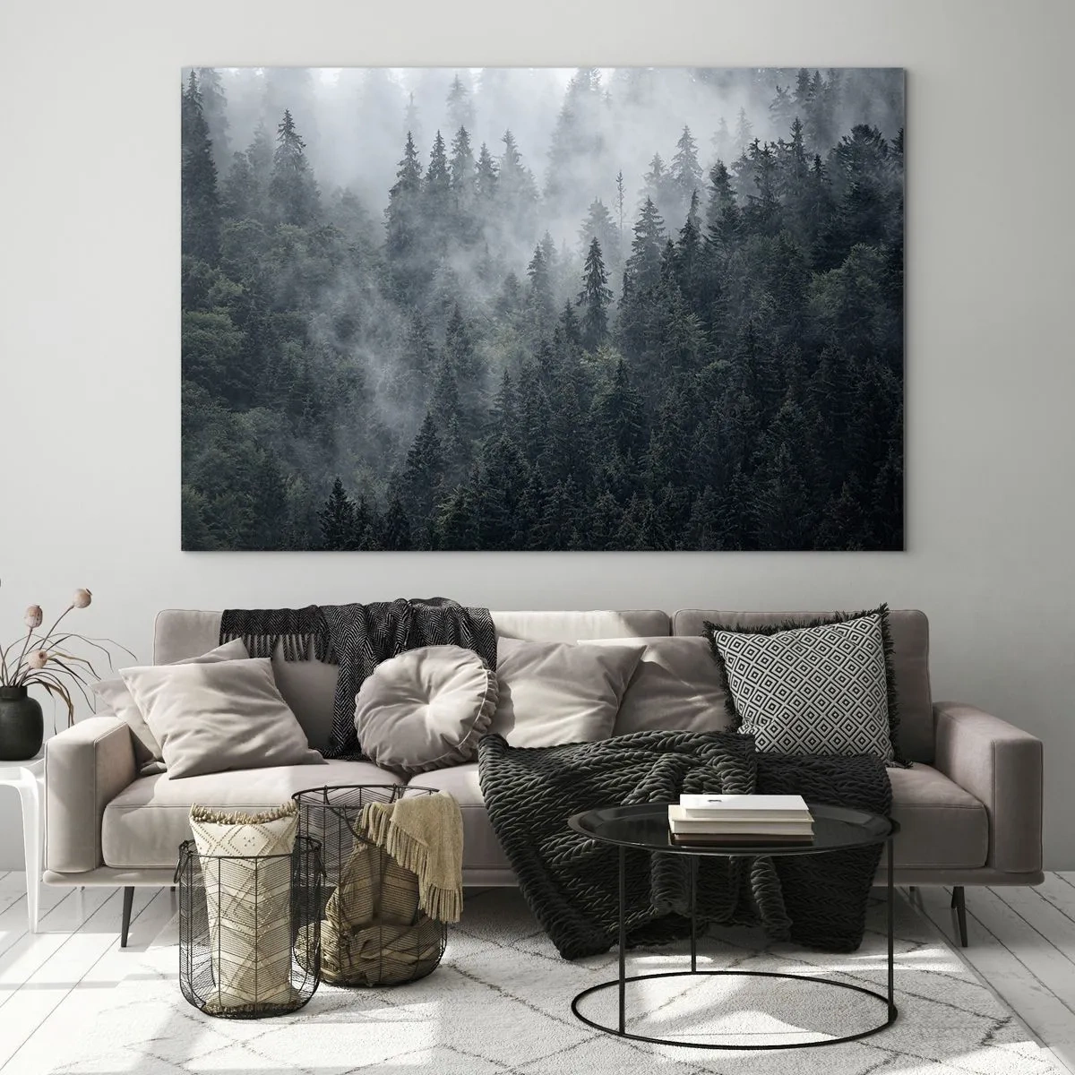 Glastavla - Bild på glas - Gryning i skogen - 120x80 cm