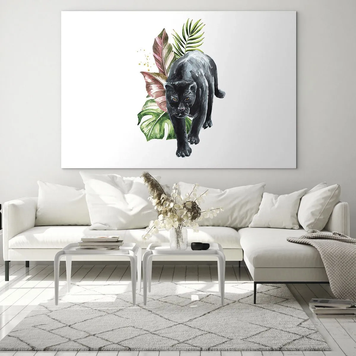 Glastavla - Bild på glas - Svart panter på en bakgrund av tropiska löv i akvarellstil - 70x50cm - Vilt hjärta - Modern väggdekoration för vardagsrum och sovrum ARTTOR
