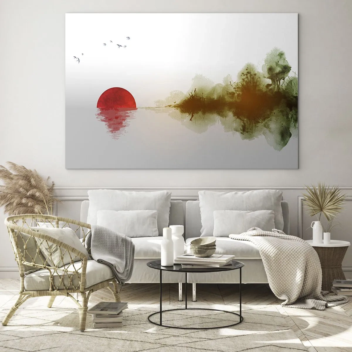 Glastavla - Bild på glas - Röd sol över vattnet och skogskonturerna - 70x50cm - Ett löfte om lugn - Modern väggdekoration för vardagsrum och sovrum ARTTOR