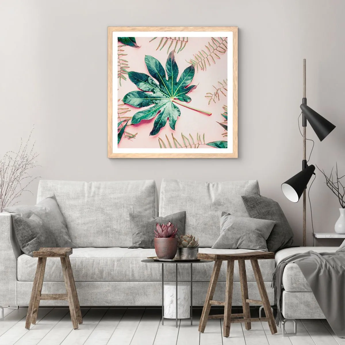 Affisch i ram av ljusek - Grönskans studie mot rosa bakgrund - 40x40 cm