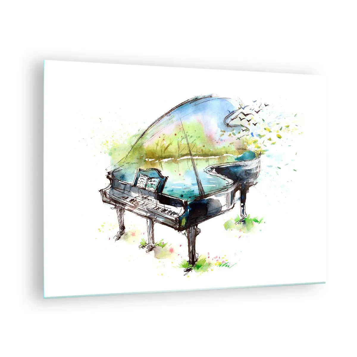 Glastavla - Bild på glas - Akvarell av ett piano omgivet av naturen - 70x50cm - Förtrollad i musiken - Modern väggdekoration för vardagsrum och sovrum ARTTOR