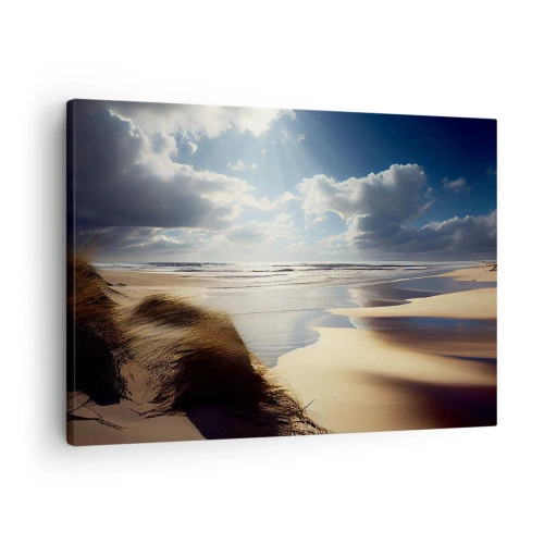 Canvastavla - Bild på duk - En vild strand med sanddyner och blå himmel - 70x50cm - Strand, vild strand - Modern väggdekoration för vardagsrum och sovrum ARTTOR