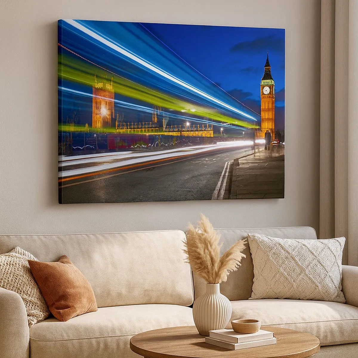 Canvastavla - Bild på duk - Big Ben på natten med effekten av ljus i gatutrafiken - 70x50cm - Under Big Bens uppsikt - Modern väggdekoration för vardagsrum och sovrum ARTTOR