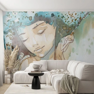 Fototapet Standard Eco - Lady in blue - Abstraktion, Kvinna, Kvinnans ansikte - 350x256 cm