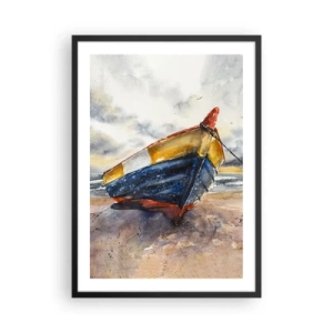 Affisch i svart ram - Akvarell båt på stranden vid solnedgången - 50x70cm - Vila på stranden - Modern väggdekoration för vardagsrum och sovrum ARTTOR