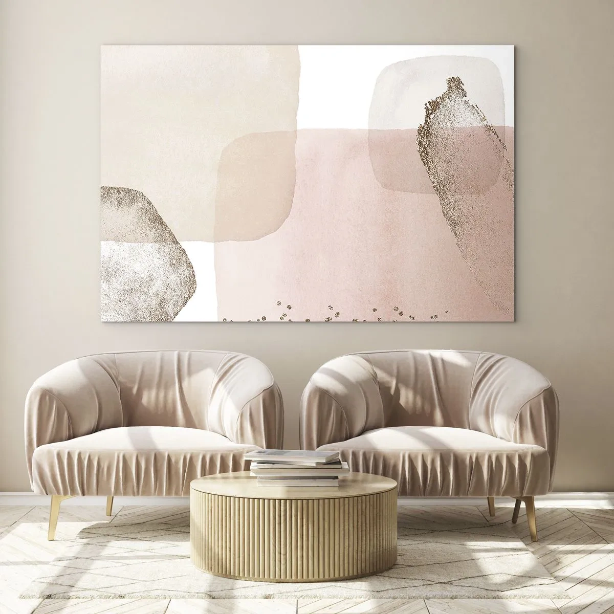 Glastavla - Bild på glas - En abstrakt komposition i nyanser av rosa, beige och guld. - 70x50cm - Titta genom färgen - Modern väggdekoration för vardagsrum och sovrum ARTTOR