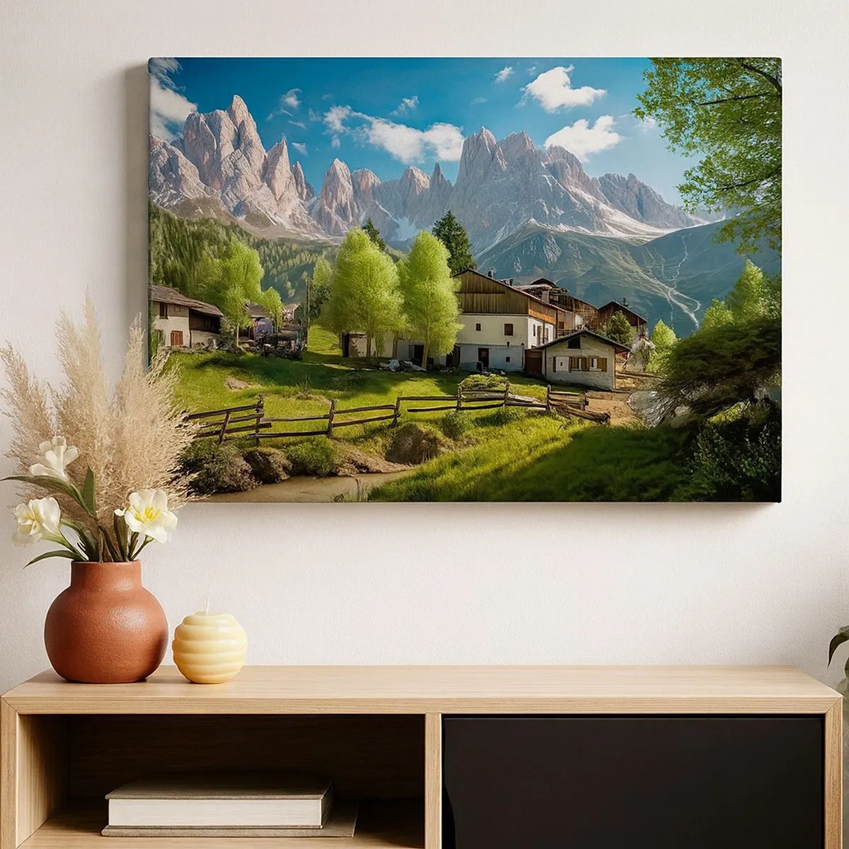 Canvastavla - Bild på duk - En bergsby med hus och utsikt över Alperna - 70x50cm - Alpin idyll - Modern väggdekoration för vardagsrum och sovrum ARTTOR