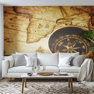 Fototapet Premium Sand - Västerut eller österut? - Resor, Världskartor, Kompass - 100x70 cm