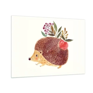 Glastavla - Bild på glas - En tecknad igelkott med ett äpple och kvistar på ryggen - 70x50cm - Och du gillar mig redan - Modern väggdekoration för vardagsrum och sovrum ARTTOR