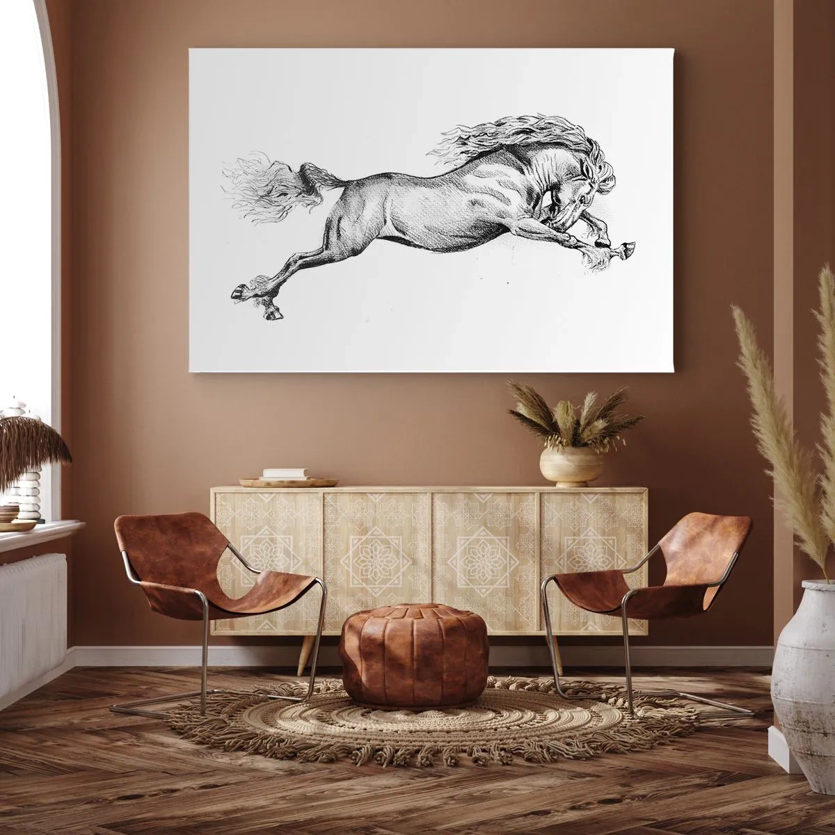 Canvastavla - Bild på duk - Skiss av en häst i dynamisk galopp på vit bakgrund - 70x50cm - Fångad i galopplopp - Modern väggdekoration för vardagsrum och sovrum ARTTOR