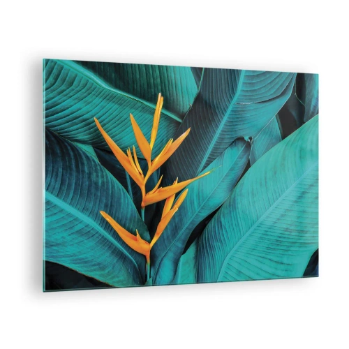 Glastavla - Bild på glas - En exotisk blomma mot en bakgrund av stora gröna blad. - 70x50cm - Edens blomma - Modern väggdekoration för vardagsrum och sovrum ARTTOR