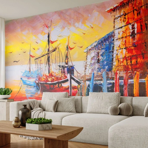 Självhäftande Fototapet Deluxe Sticker - Lycklig återresa - Landskap, Fiskarens hamn, Båtar - 350x256 cm