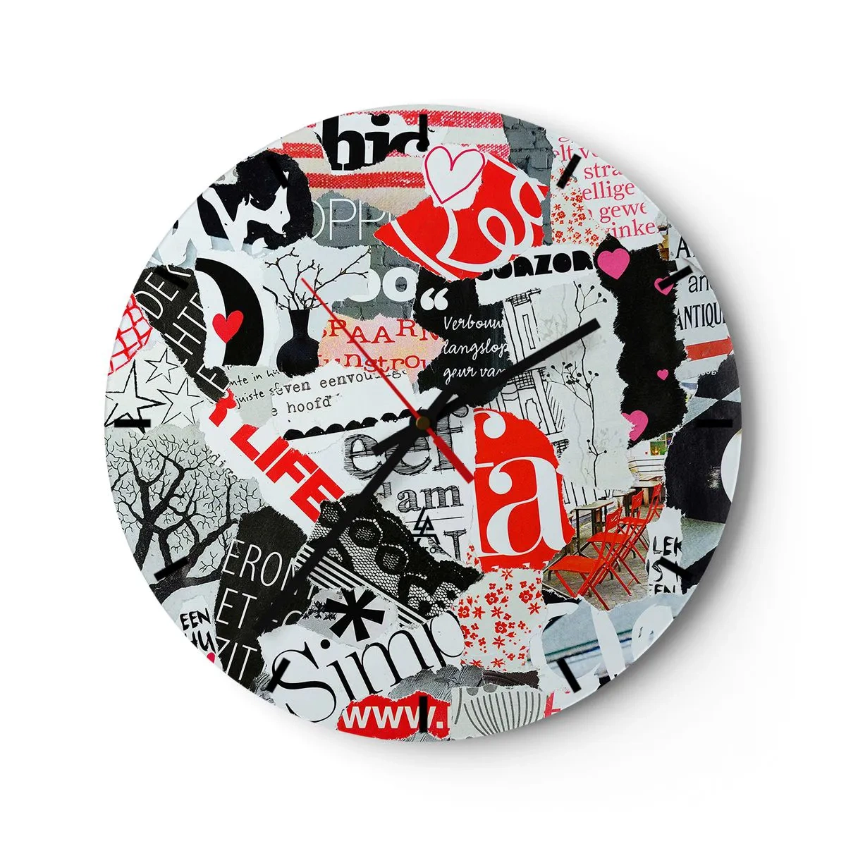 Väggklocka - Klocka på glas - Hipsterkollage med retrobokstäver, grafik och symboler - 30x30cm - Hipster collage - Modern väggdekoration för vardagsrum, kök och sovrum ARTTOR