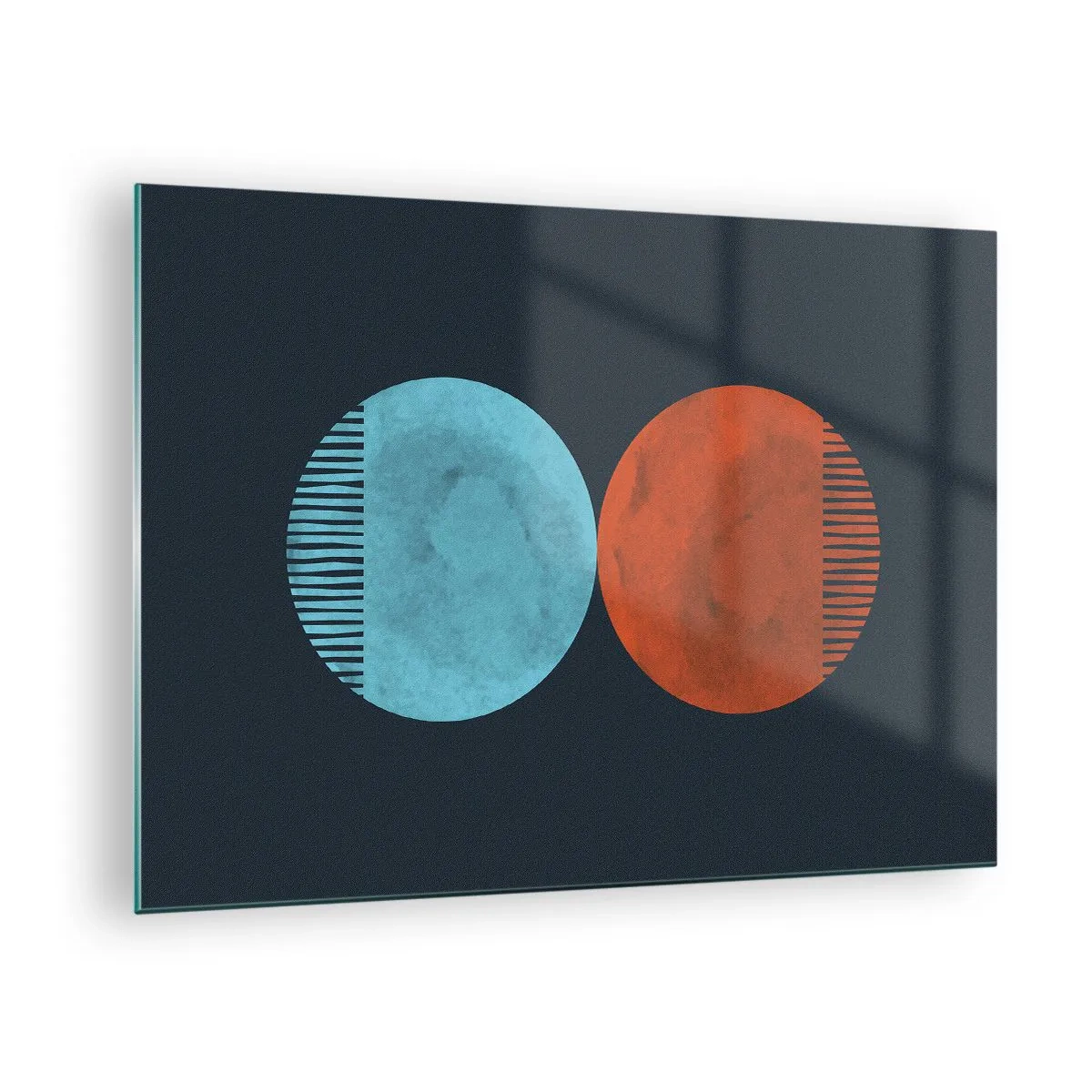 Glastavla - Bild på glas - Abstrakta cirklar i blått och orange - 70x50cm - Endast geometri? - Modern väggdekoration för vardagsrum och sovrum ARTTOR
