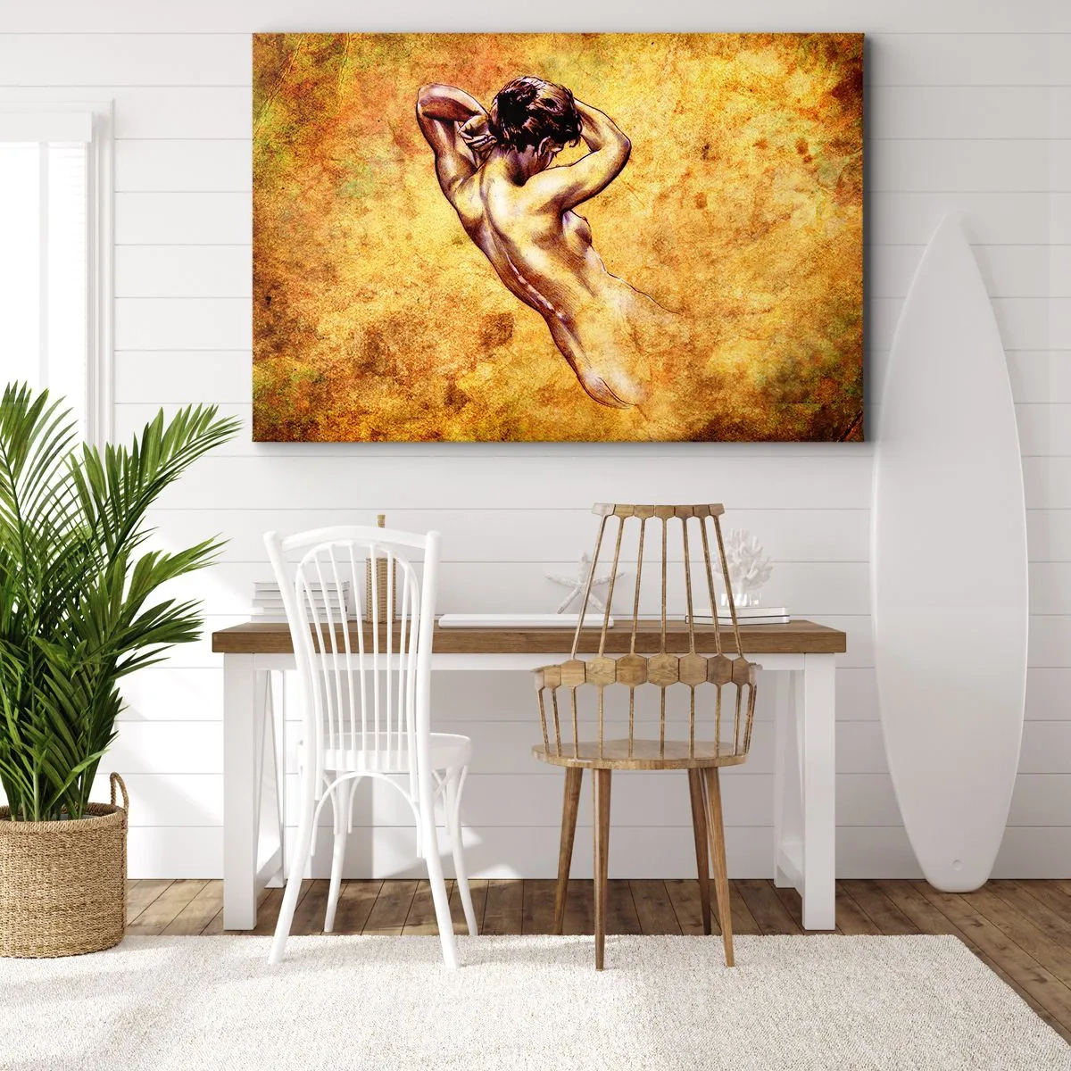 Canvastavla - Bild på duk - Konstnärlig kvinnlig nakenbild på en gyllene bakgrund i klassisk stil - 70x50cm - Upptäckt men fortfarande en hemlighet - Modern väggdekoration för vardagsrum och sovrum ARTTOR
