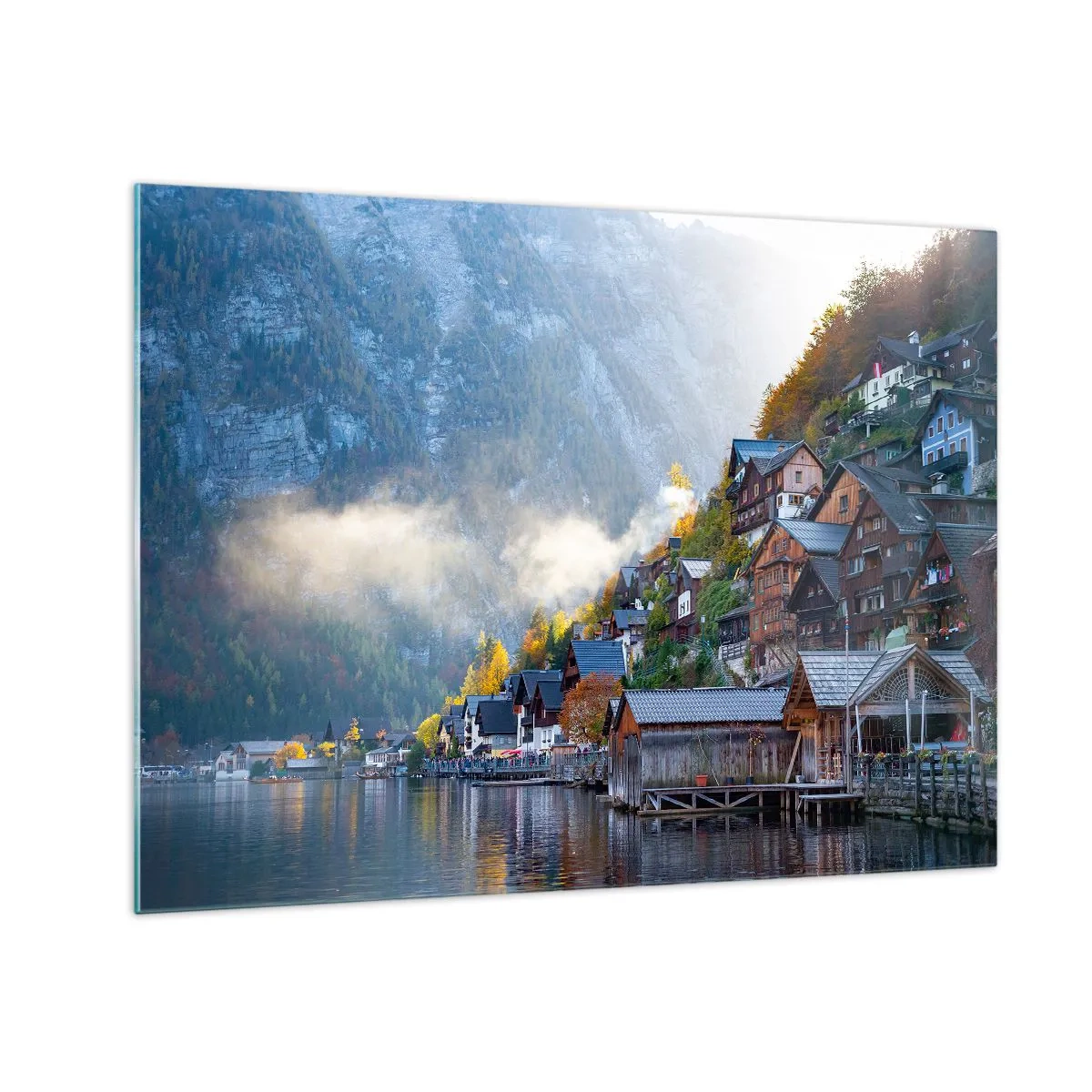 Glastavla - Bild på glas - En höstmorgon i en bergsstad vid en sjö - 70x50cm - Alpina klimat - Modern väggdekoration för vardagsrum och sovrum ARTTOR