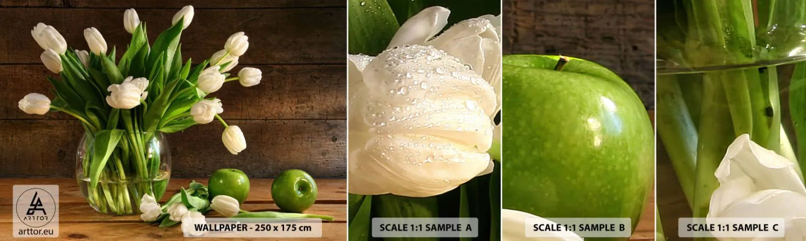 Provbit av självhäftande fototapet Deluxe Sticker - Saftiga och färska i grön och vit - Blommor, Tulpaner, Blombukett - 100x30 cm