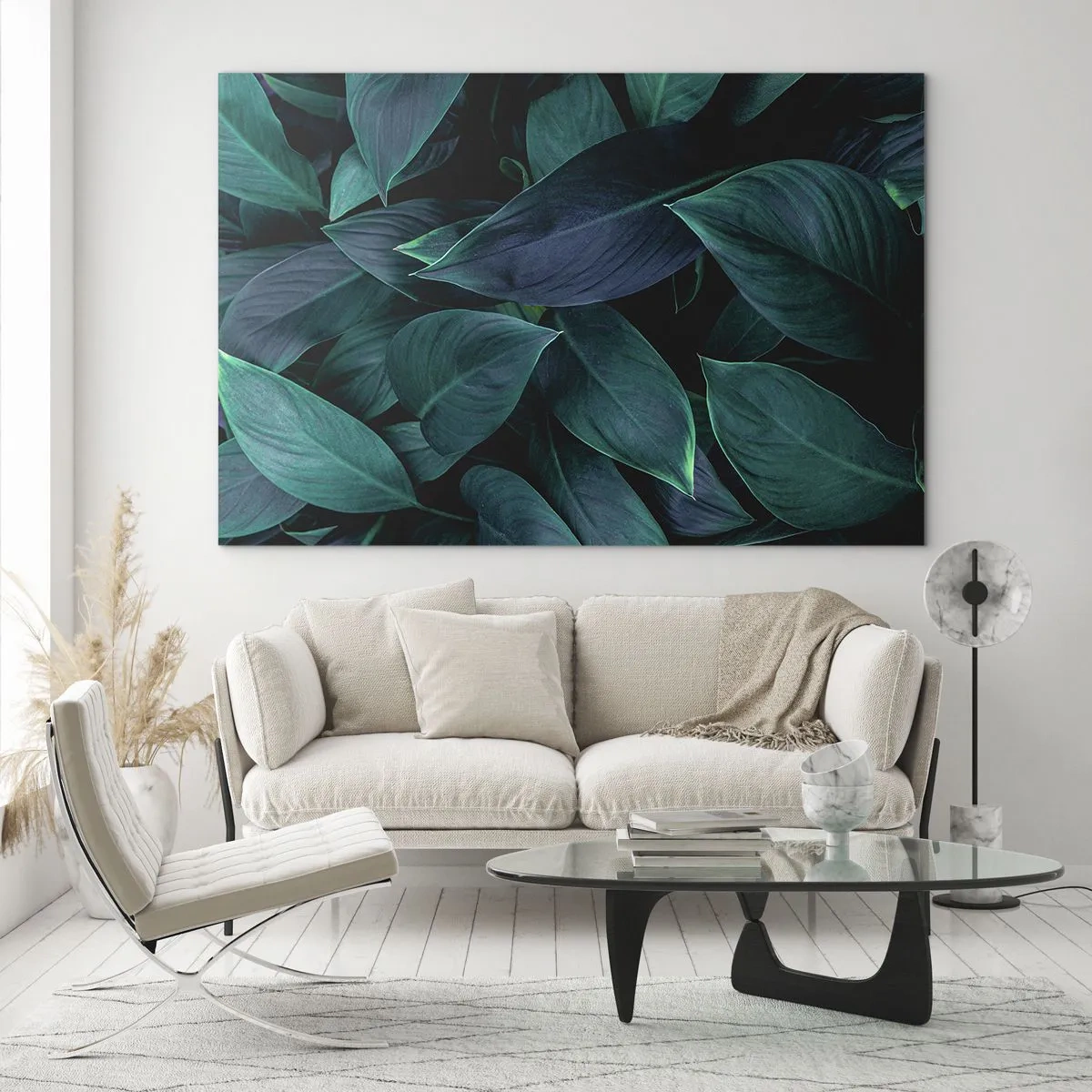 Glastavla - Bild på glas - Täta gröna blad på en mörk bakgrund - 70x50cm - Grönskan själv - Modern väggdekoration för vardagsrum och sovrum ARTTOR