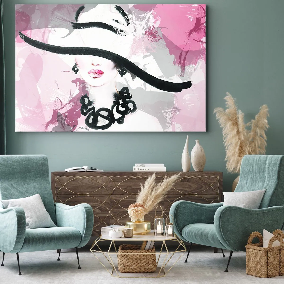 Canvastavla - Bild på duk - En elegant kvinna i hatt mot en bakgrund av rosa abstraktioner. - 70x50cm - En damportätt i svart och rosa - Modern väggdekoration för vardagsrum och sovrum ARTTOR