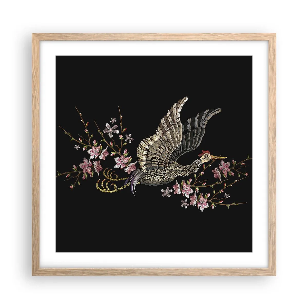 Affisch i ram av ljusek - Exotisk, broderad fågel - 50x50 cm