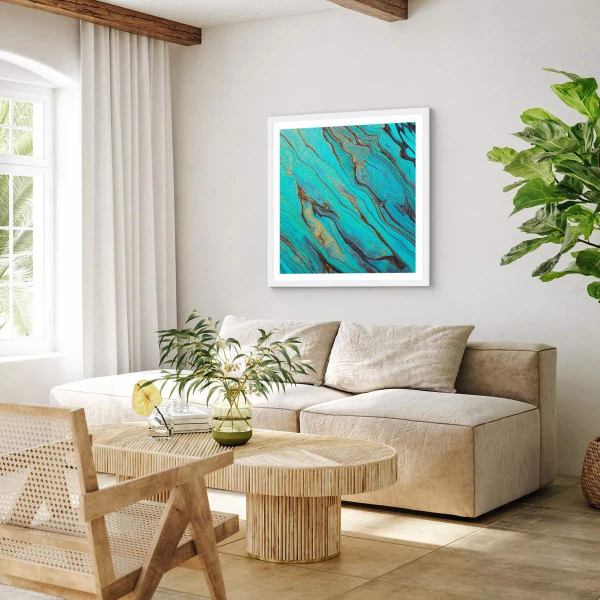 Affisch i vit ram - Turkost tidvatten - 40x40 cm