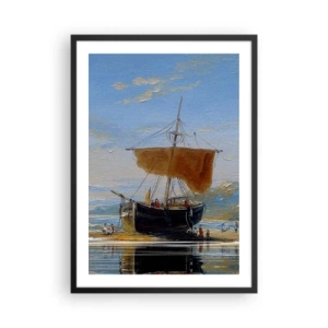 Affisch i svart ram - En traditionell segelbåt vid stranden med sin reflektion i vattnet - 50x70cm - Vatten, jord, luft - Modern väggdekoration för vardagsrum och sovrum ARTTOR
