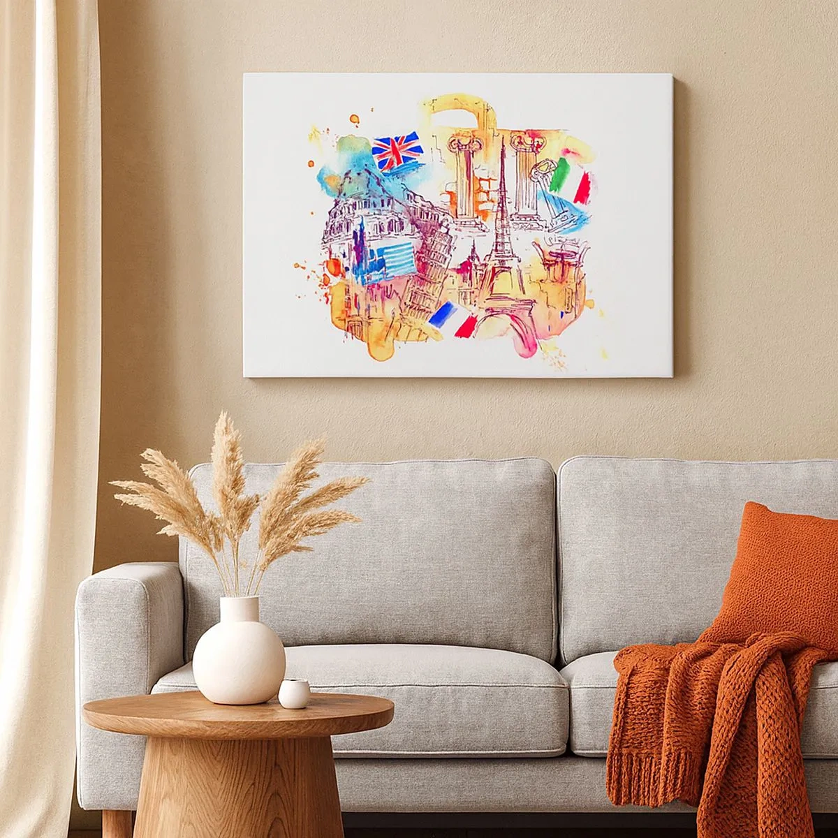 Canvastavla - Bild på duk - Akvarell av europeiska symboler med landsflaggor - 70x50cm - Europeisk turné - Modern väggdekoration för vardagsrum och sovrum ARTTOR