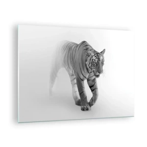 Glastavla - Bild på glas - En tiger som kliver genom dimman, med subtil oskärpa i bakgrunden - 70x50cm - Gömd i dimman - Modern väggdekoration för vardagsrum och sovrum ARTTOR
