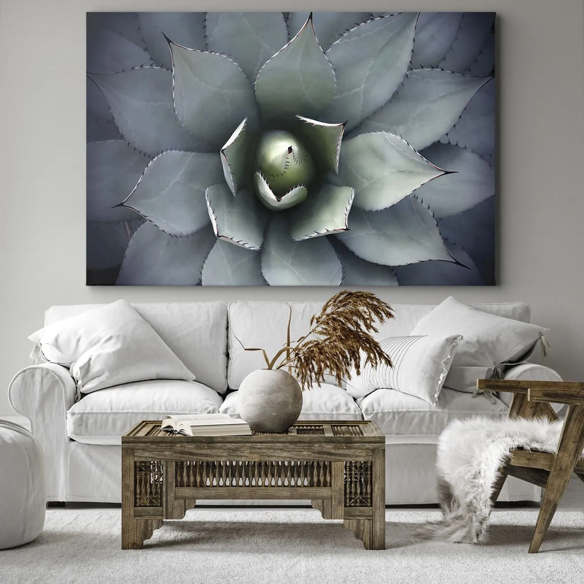 Canvastavla - Bild på duk - Närbild av en agaverosett i delikata gröna nyanser - 70x50cm - Lockar och varnar - Modern väggdekoration för vardagsrum och sovrum ARTTOR